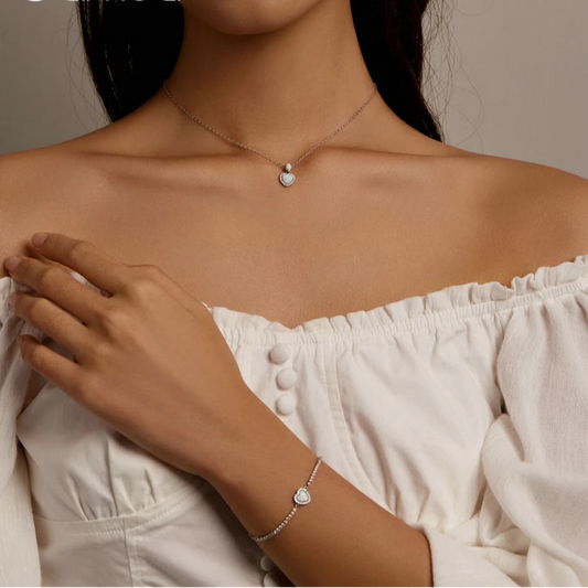 bamoer Fashion 925 Sterling Silver Clear Opal Heart-Shaped Bracelet & Necklace for Women Sterling Silver Jewelry Set Gift Mirror Quenn