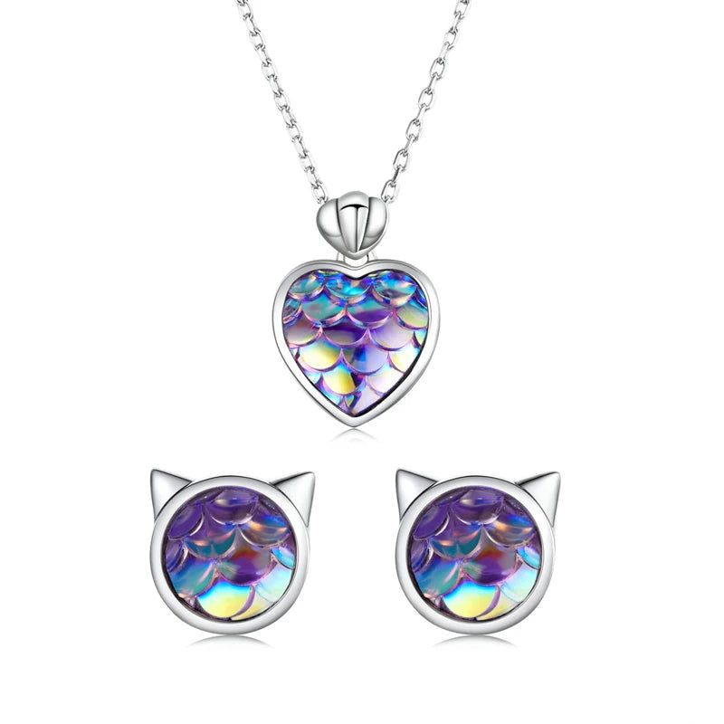 Bamoer Fish Scale Heart Necklace & Cat Ear Studs Authentic 925 Sterling Silver Heart Stud Earrings Female Gift Fine Jewelry Set Mirror Quenn