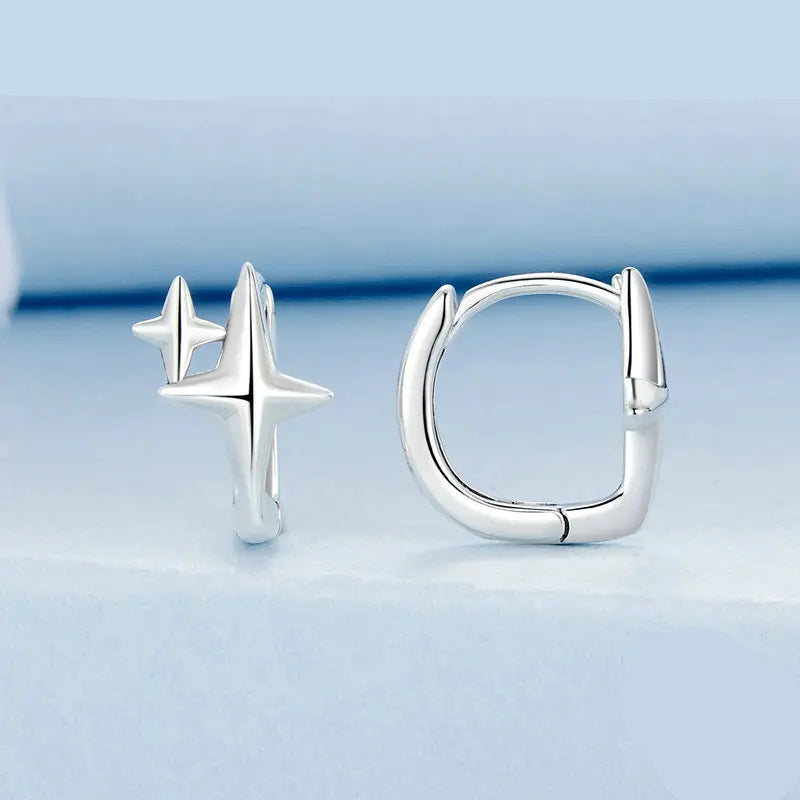 BAMOER Solid 925 Sterling Silver Starlight Hoop Earrings for Women Teens Double Star Huggie Earrings Minimalist Fine Jewelry Mirror Quenn