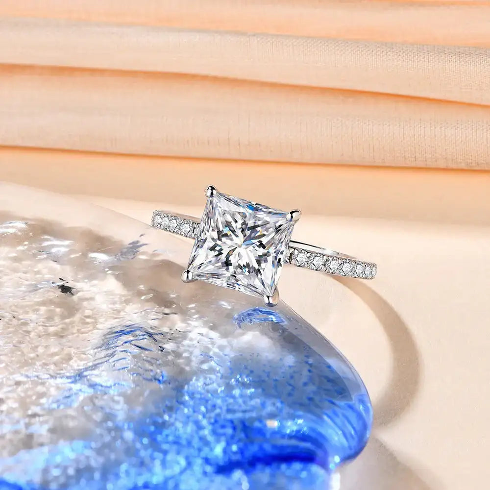 ATTAGEMS 18K Real Moissanite Rings Princess Cut D Color VVS1 8.0mm Au750 Etenity Diamond Engagement Wedding Rings For Women Gift Mirror Quenn