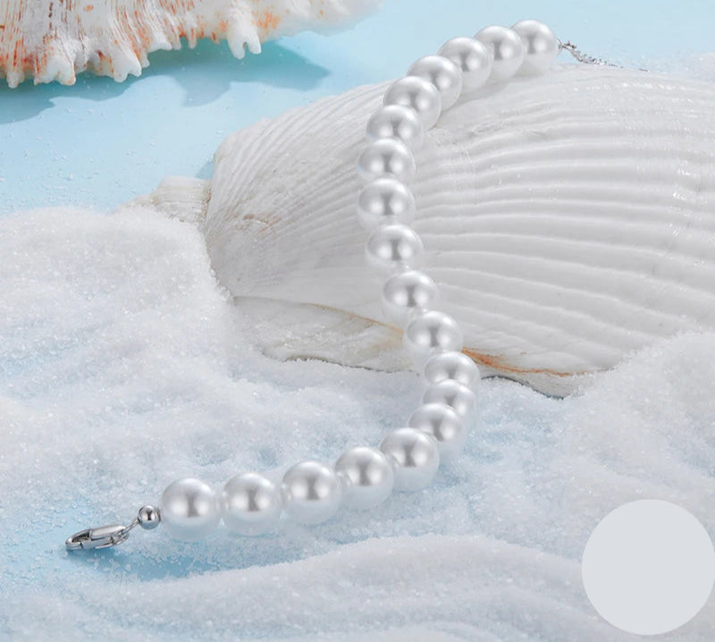 BAMOER White Pearl Bracelets for Women, 925 Silver Adjustable Clasp Chain Faux Pearl Beaded Bracelets Bridal Wedding Jewelry Mirror Quenn
