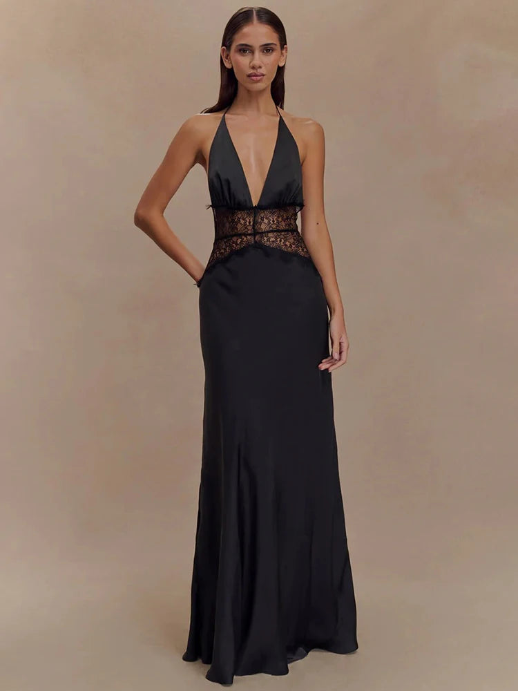 Backless Lace Halter Maxi Dress
