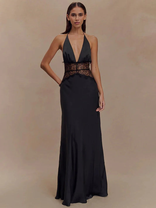 Backless Lace Halter Maxi Dress
