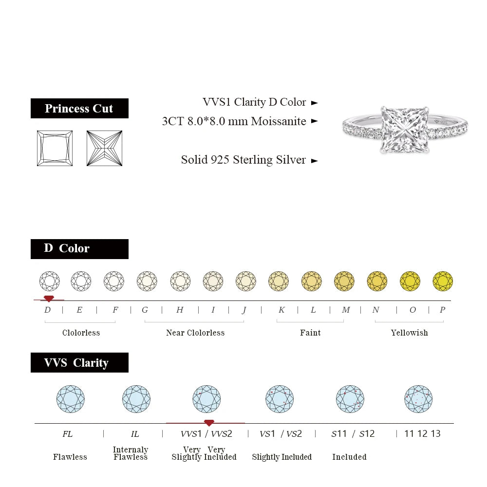 ATTAGEMS 18K Real Moissanite Rings Princess Cut D Color VVS1 8.0mm Au750 Etenity Diamond Engagement Wedding Rings For Women Gift Mirror Quenn