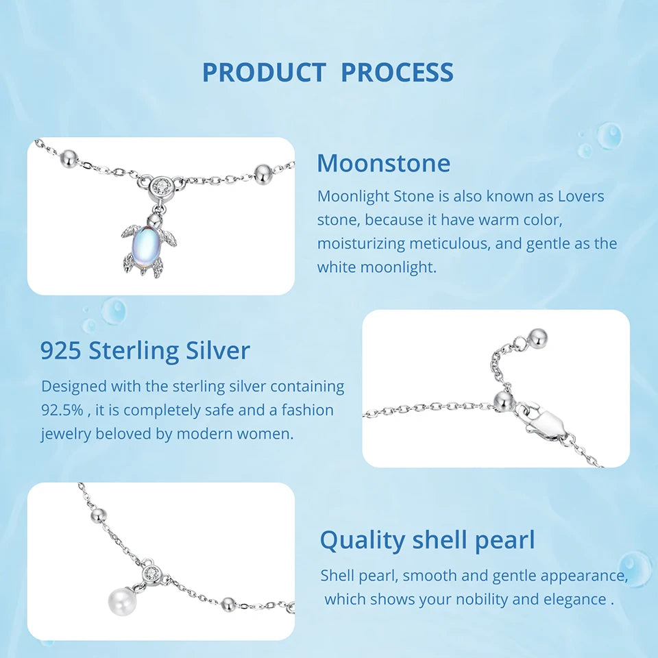 925 Sterling Silver Snake Chain Anklet Adjustable Turtle