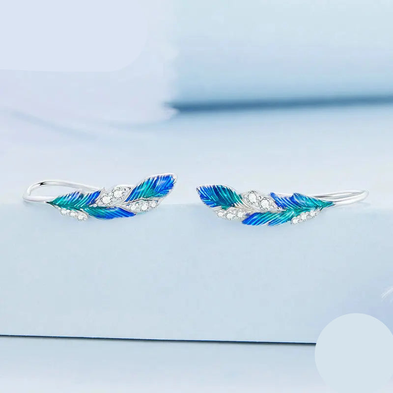Bamoer 925 Sterling Silver Blue Peacock Feather Open Ring and Earrings Jewerly Set Pave Setting CZ for Women Chic Fine Jewelry Mirror Quenn