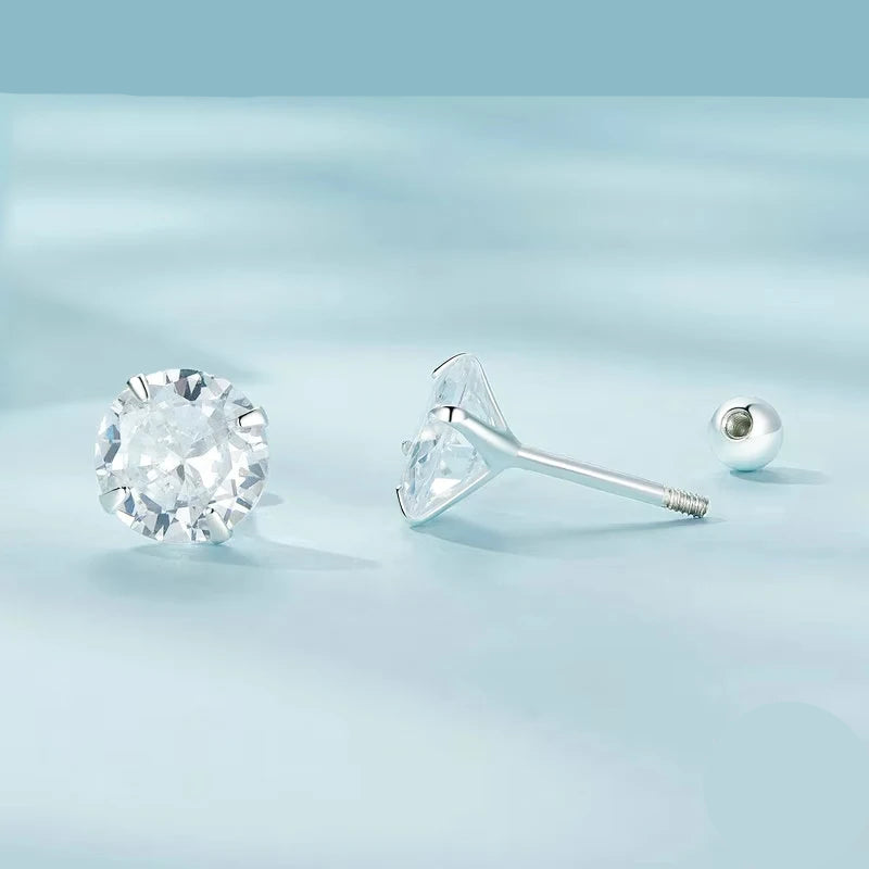 BAMOER Platinum Plated Classic Round CZ Stud Earrings Prongs Set 925 Sterling Silver Hypoallergenic Elegant Jewellry 3mm 5mm 7mm Mirror Quenn
