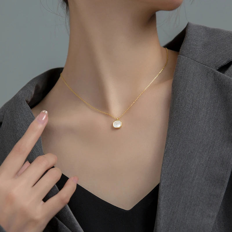 Modian Authentic 925 Sterling Silver Natural Dainty Shell Gold Color Square Pendant Link Chain Necklace for Women Fine Jewelry Mirror Quenn