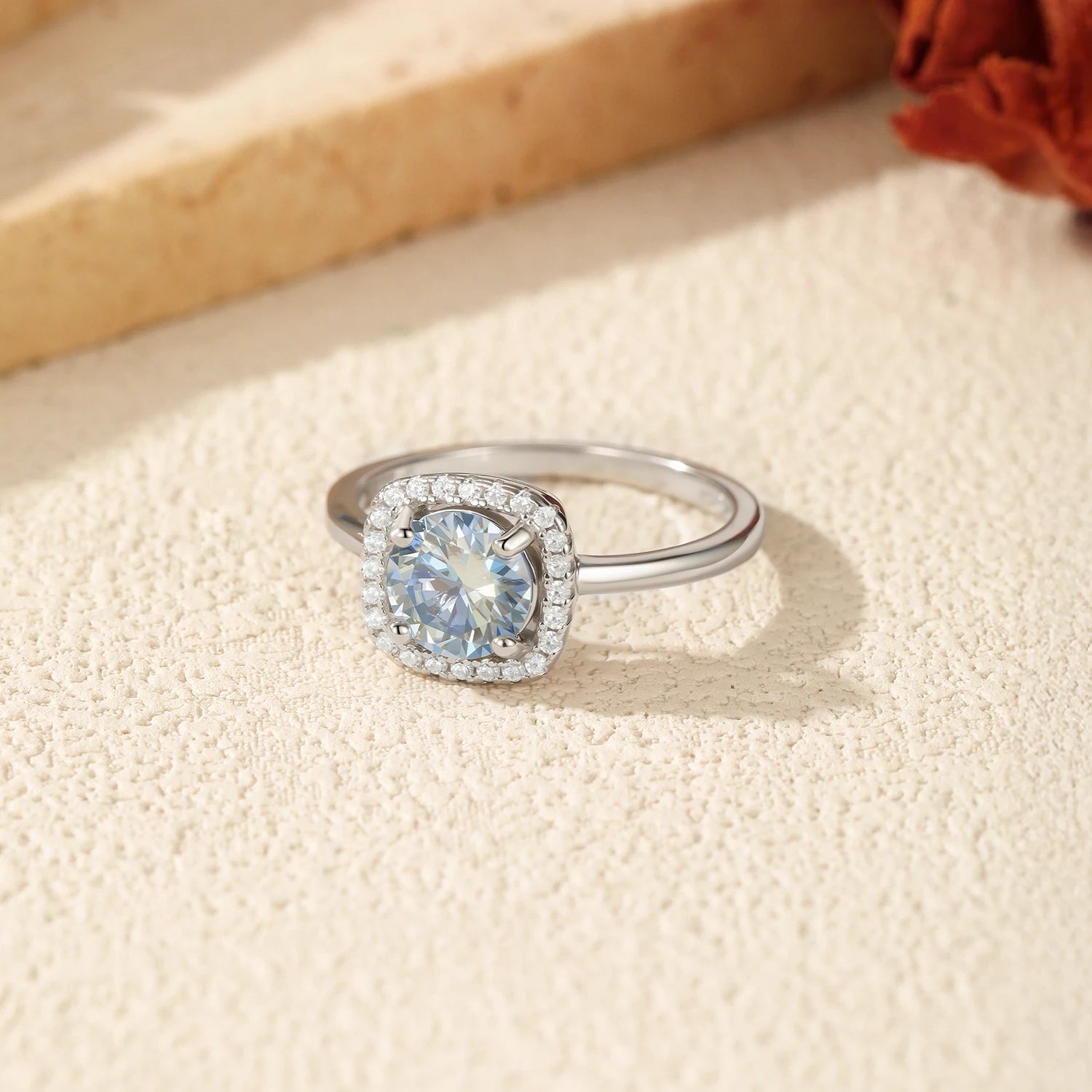 Dainty Sea Blue Moissanite Halo Ring in 925 Sterling Silver | Ethical Luxury