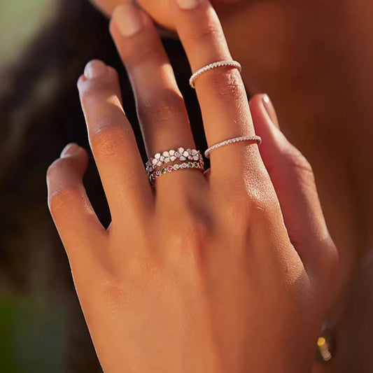925 Sterling Silver Flower Rings Pink Wreath Finger Ring Stacking for Women Birthday Gift Sweet Romatic Fine Jewelry Mirror Quenn