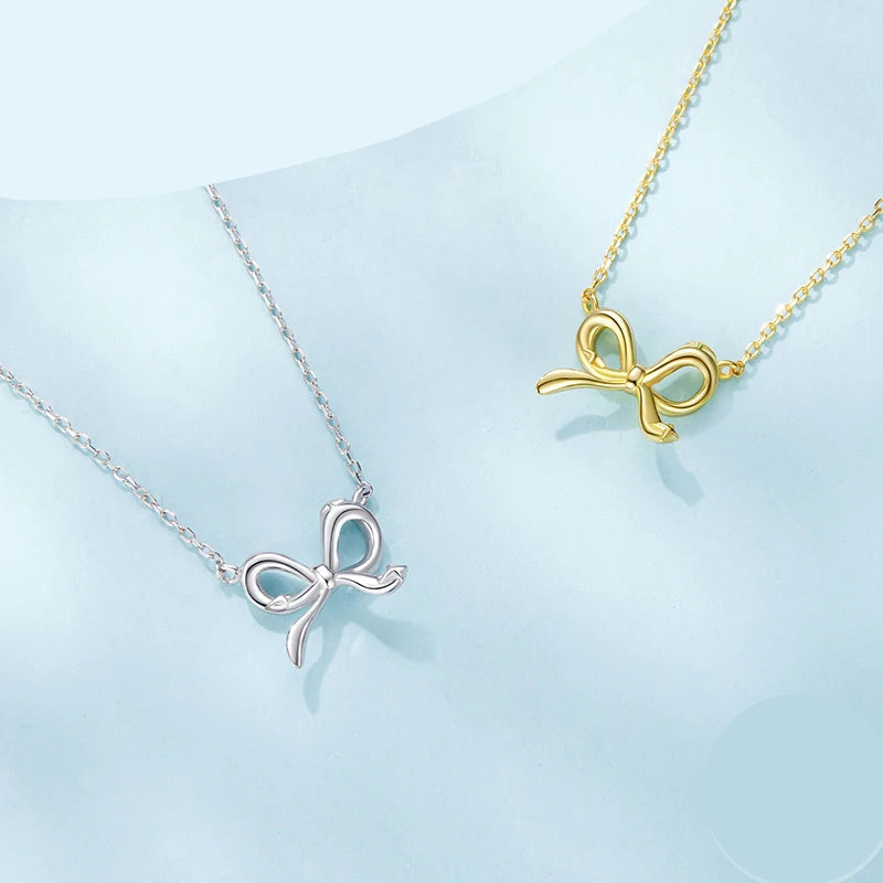 BAMOER 925 Sterling Silver Bowknot Chain Necklace Gold Plated Link Chain with Bow Choker for Women Girls Fashion Jewelry Gifts Mirror Quenn