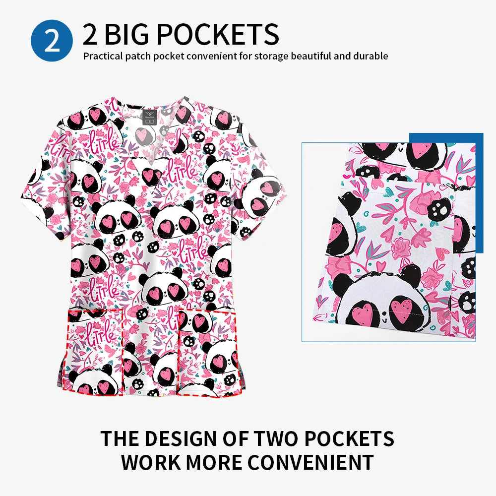 Printed Scrub Top with Pockets – V-Neck