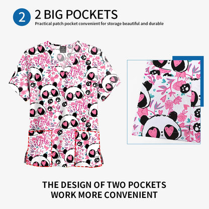 Printed Scrub Top with Pockets – V-Neck
