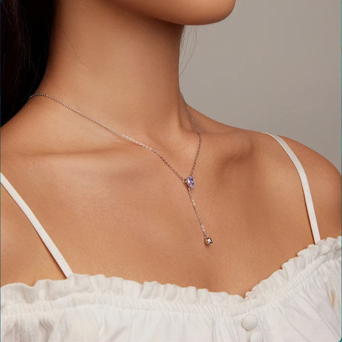 Bamoer 925 Sterling Silver Purple Zircon Lily of the Valley Pendant Necklace Elegent Neck Chain for Women Fine Jewelry BSN271 Mirror Quenn