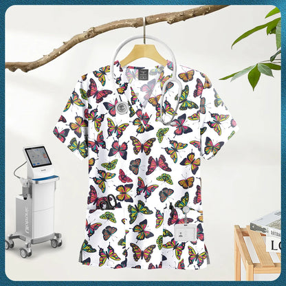 Printed Scrub Top with Pockets – V-Neck
