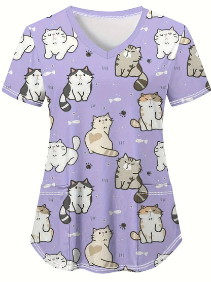 Cute Cat & Dog Print Medical Top – V-Neck Scrub