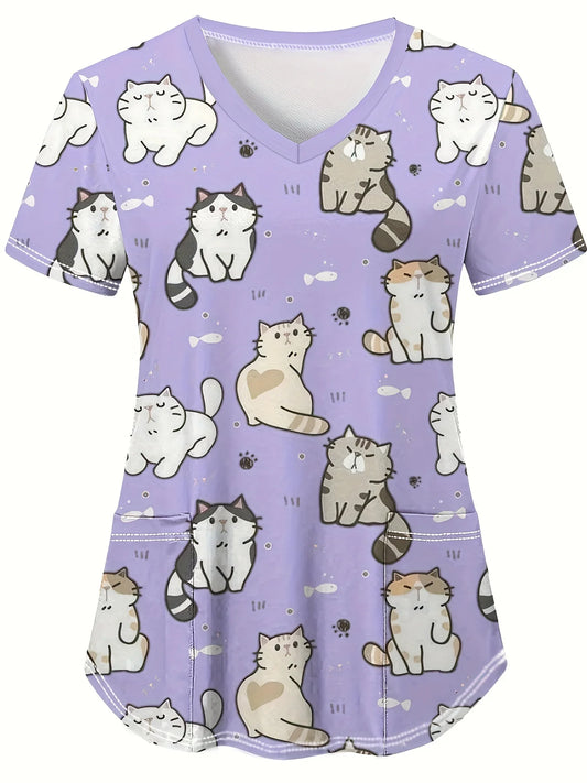 Cute Cat & Dog Print Medical Top – V-Neck Scrub