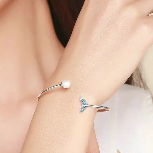 Bamoer Hot Sale 925 Sterling Silver Blue Zircon Mermaid's Tail Open Cuff Women Bracelets & Bangles Fashion Jewelry SCB123 Mirror Quenn