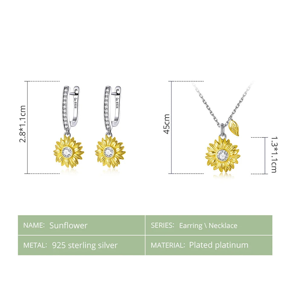 BAMOER Silver Sunflower Jewelry Set 925 Sterling Silver Gold Color Lucky Necklace Earring Gift for Women Fashion Jewelry  ZHS222 Mirror Quenn