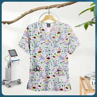 Printed Scrub Top with Pockets – V-Neck