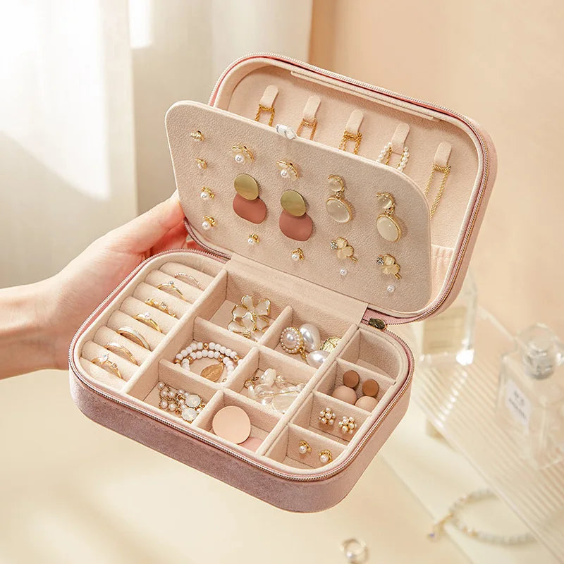 Double-Layer Large-Capacity Jewelry Box Velvet Ring Earrings Bracelet Pendant Storage Box Travel Portable Jewelry Case Organizer Mirror Quenn
