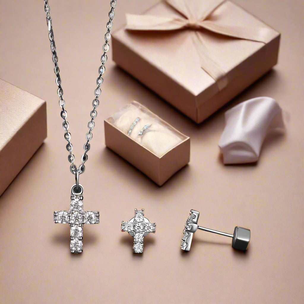 BAMOER White Gold Plated Moissanite Cross Necklace & Earrings for Women, 925 Sterling Silver Small Religious Faith Xmas Jewelry Mirror Quenn