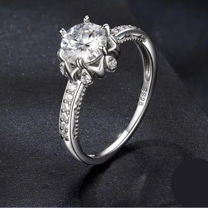 D Color VVS1 EX Moissanite Flower Ring 1ct Round Moissanite Diamond Solitaire Engagement 925 Sterling Silver Rings For Wo Mirror Quenn