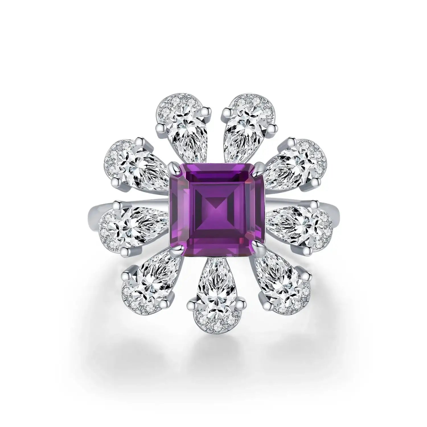 MODIAN 925 Sterling Silver Luxury Ascher Cut Violet Color Flower Zirconia Finger Rings For Women Party Fine Jewelry Mirror Quenn