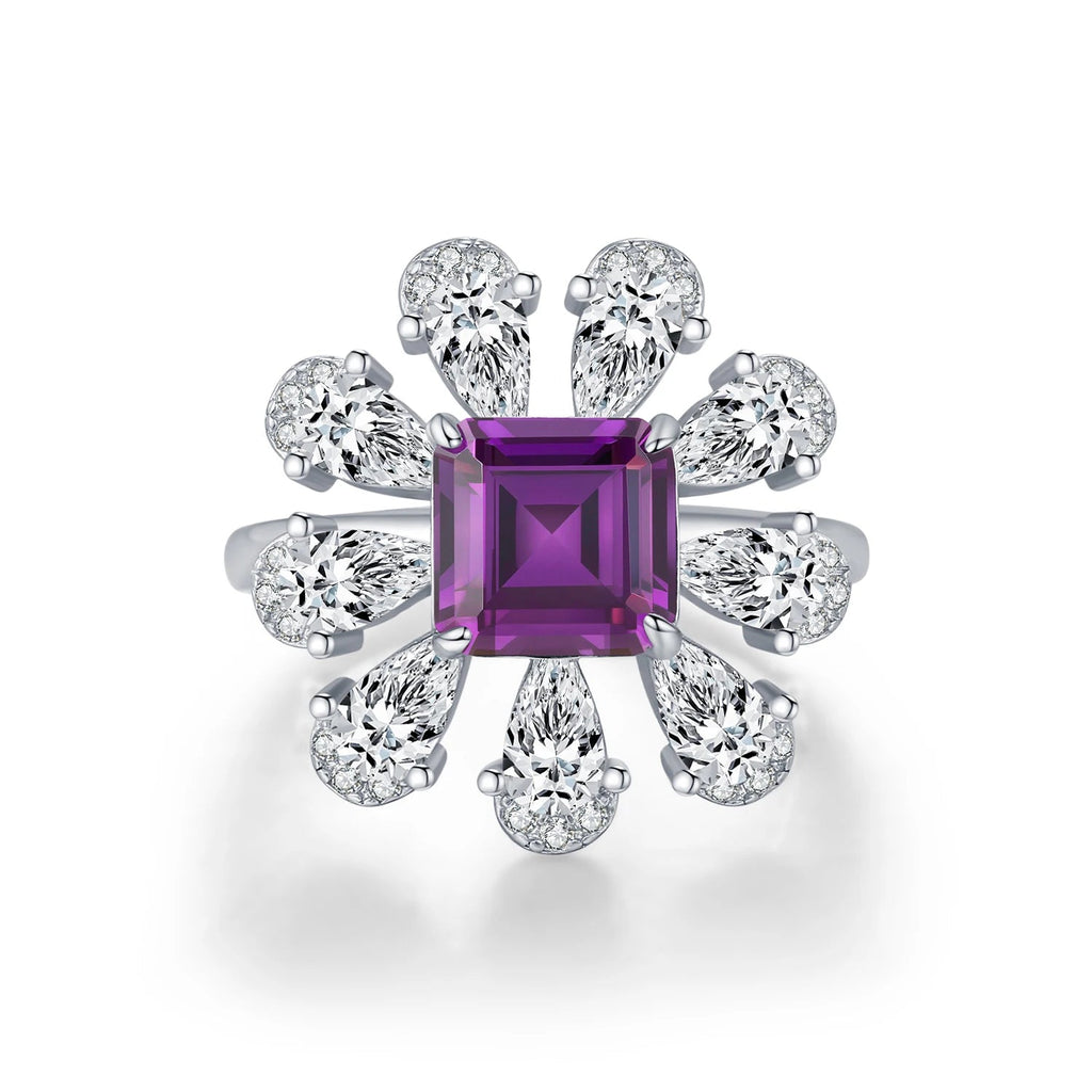 MODIAN 925 Sterling Silver Luxury Ascher Cut Violet Color Flower Zirconia Finger Rings For Women Party Fine Jewelry Mirror Quenn