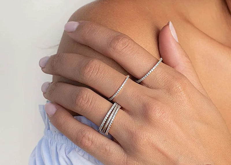 925 Sterling Silver Fashion CZ Stackable Ring Black Gold Plated Eternity Bands for Women 7 Colors Ring Statement Jewelry Mirror Quenn