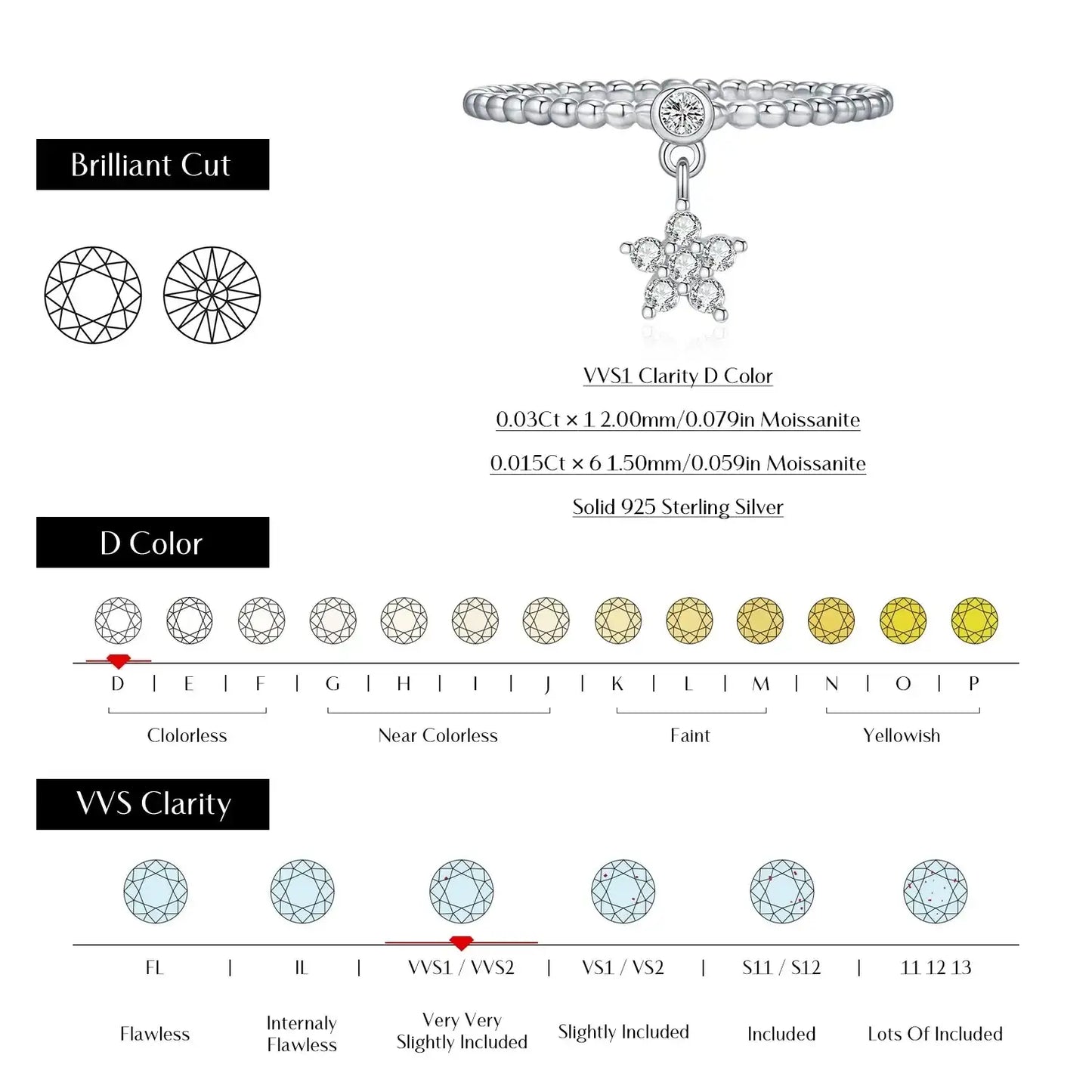 D Color Moissanite Daisy Swing Ring Mirror Quenn