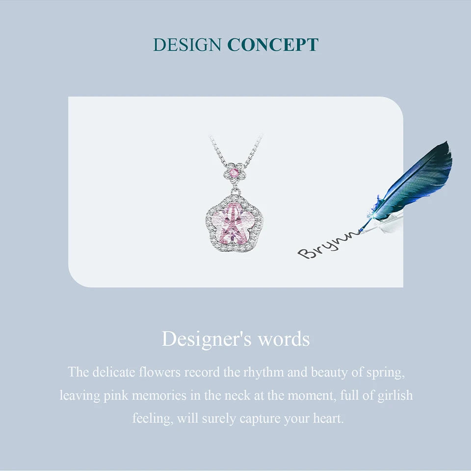 Bamoer 925 Sterling Silver Pink Flower Pendant Necklace Little Star Neck Chain Pave Setting CZ for Women Valentine's Day Gift Mirror Quenn