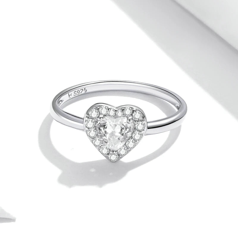 BAMOER 925 Sterling Silver Bright Love Ring Dazzling Shiny Heart Shape Crystal Finger Ring Wedding Engagement Jewelry SCR725 Mirror Quenn