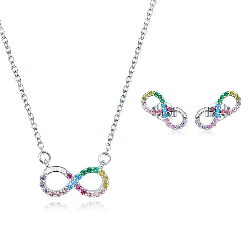 Bamoer 925 Sterling Silver Rainbow Color Colorful Infinite Love Necklace and Rainbow Stud Earrings Jewelry Set for Women Mirror Quenn