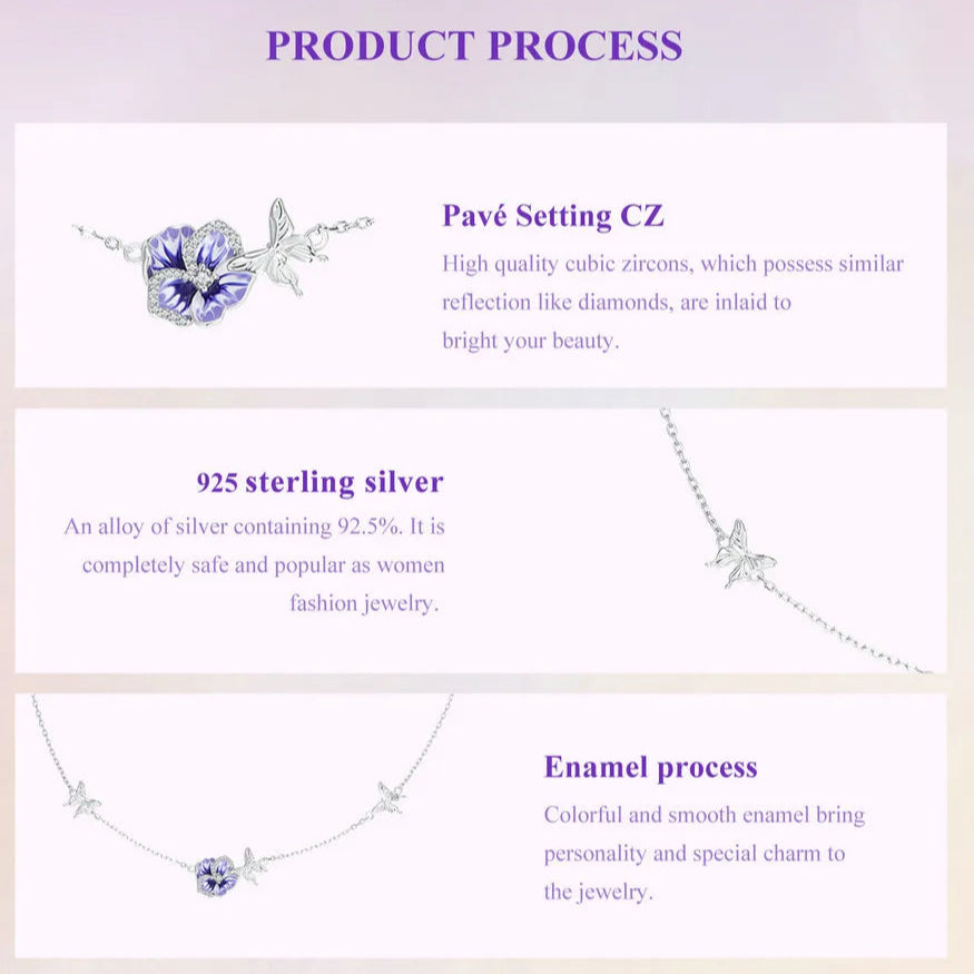 Bamoer 925 Sterling Silver Purple Enamel Pansy Flower Pendant Necklace Dancing Butterfly Adjustable Neck Chain for Women BSN336 Mirror Quenn
