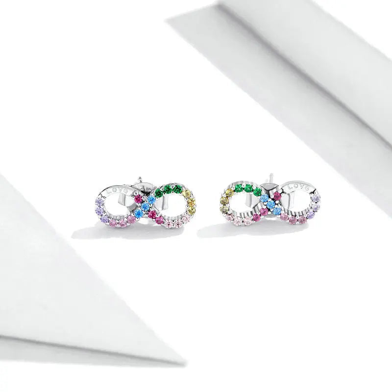 Bamoer 925 Sterling Silver Rainbow Color Colorful Infinite Love Necklace and Rainbow Stud Earrings Jewelry Set for Women Mirror Quenn
