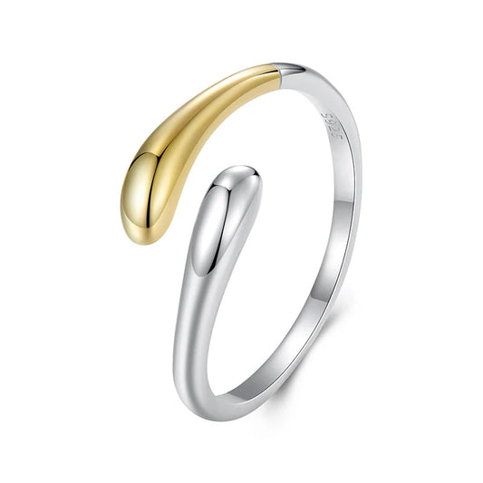 BAMOER 925 Sterling Silver Two-Tone Waterdrop Open Adjustable Ring, Waterdrop Rings Statement Rings Simple Stackable Band Rings Mirror Quenn