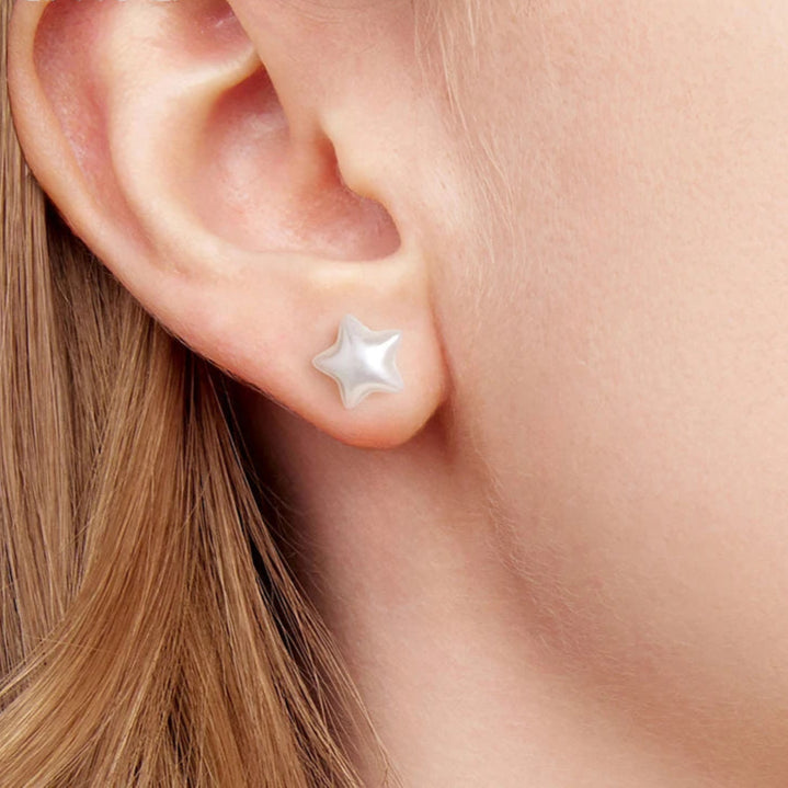 BAMOER 925 Sterling Silver Resin Star Earrings for Women, Smooth Luster Halo Stud Earring with Pearl Color Elegant Party Gift Mirror Quenn