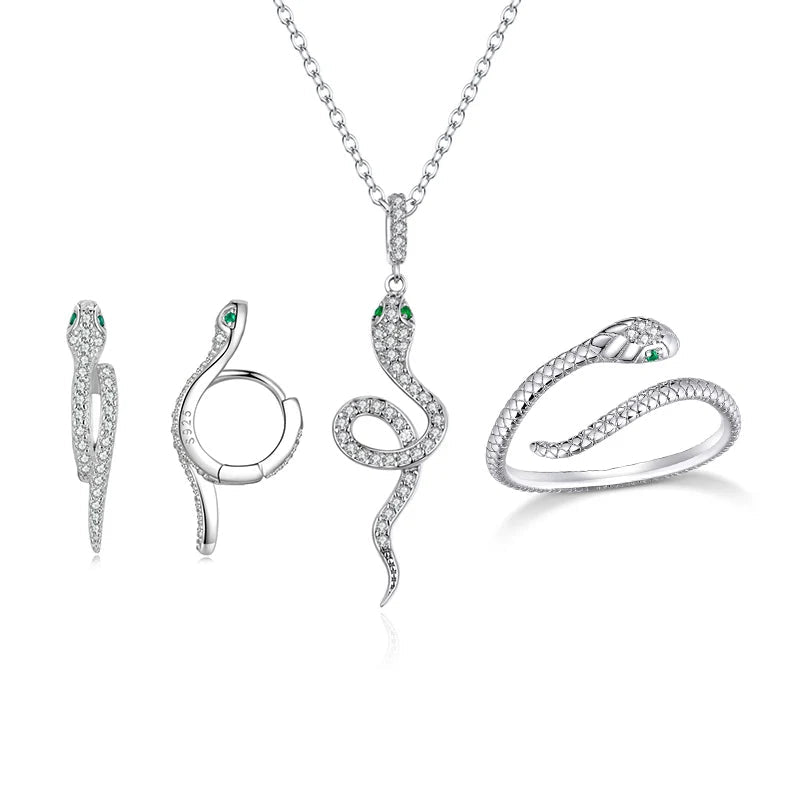 bamoer 925 Sterling Silver Snake Jewelry Set for Women Vintage Luxury Crystal Platinum Plated Snake Earrings Ring Necklace Mirror Quenn