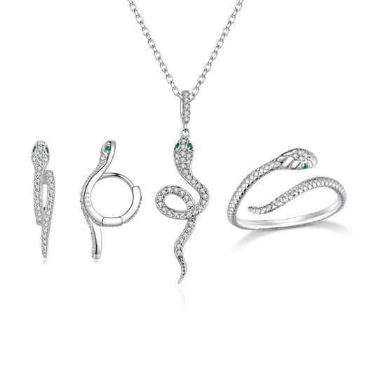 bamoer 925 Sterling Silver Snake Jewelry Set for Women Vintage Luxury Crystal Platinum Plated Snake Earrings Ring Necklace Mirror Quenn