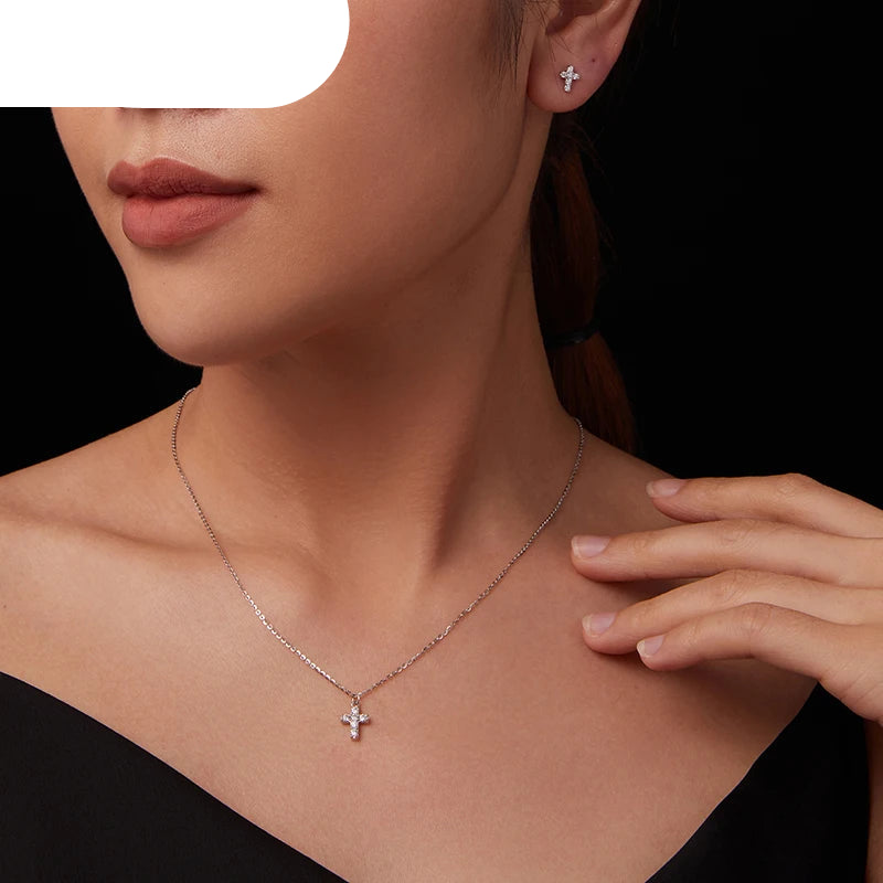 BAMOER White Gold Plated Moissanite Cross Necklace & Earrings for Women, 925 Sterling Silver Small Religious Faith Xmas Jewelry Mirror Quenn
