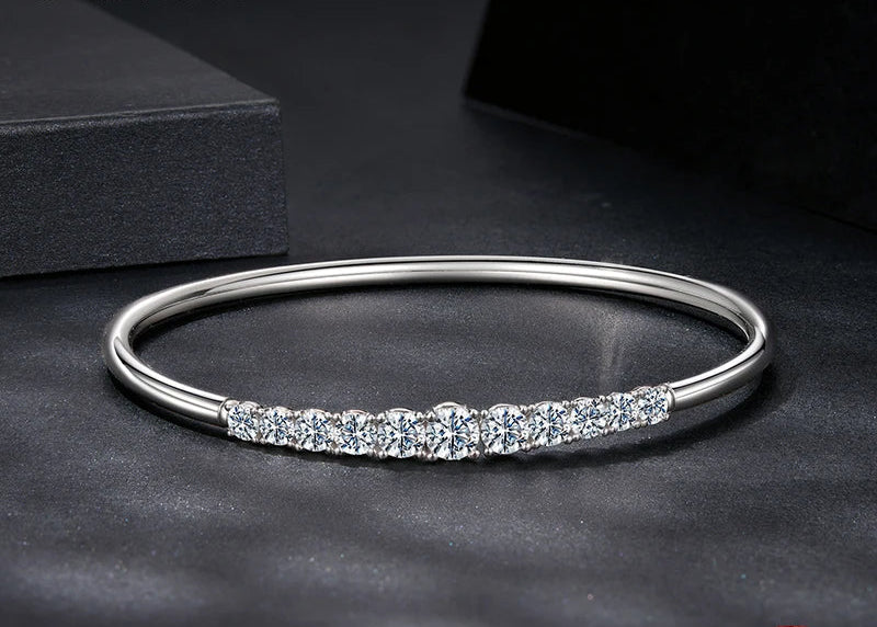 BAMOER 3.6CTTW Moissanite Bar Bracelet Adjustable Wrist Cuff Open Bangle 925 Sterling Silver for Women Wedding Gift Round Cut Mirror Quenn
