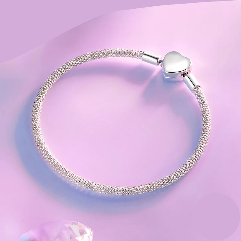 BAMOER Heart Basic Charm Bracelet 925 Sterling Silver Snake Chain Basic Bracelet For Women Heart Love Jewelry 17CM 19CM Mirror Quenn