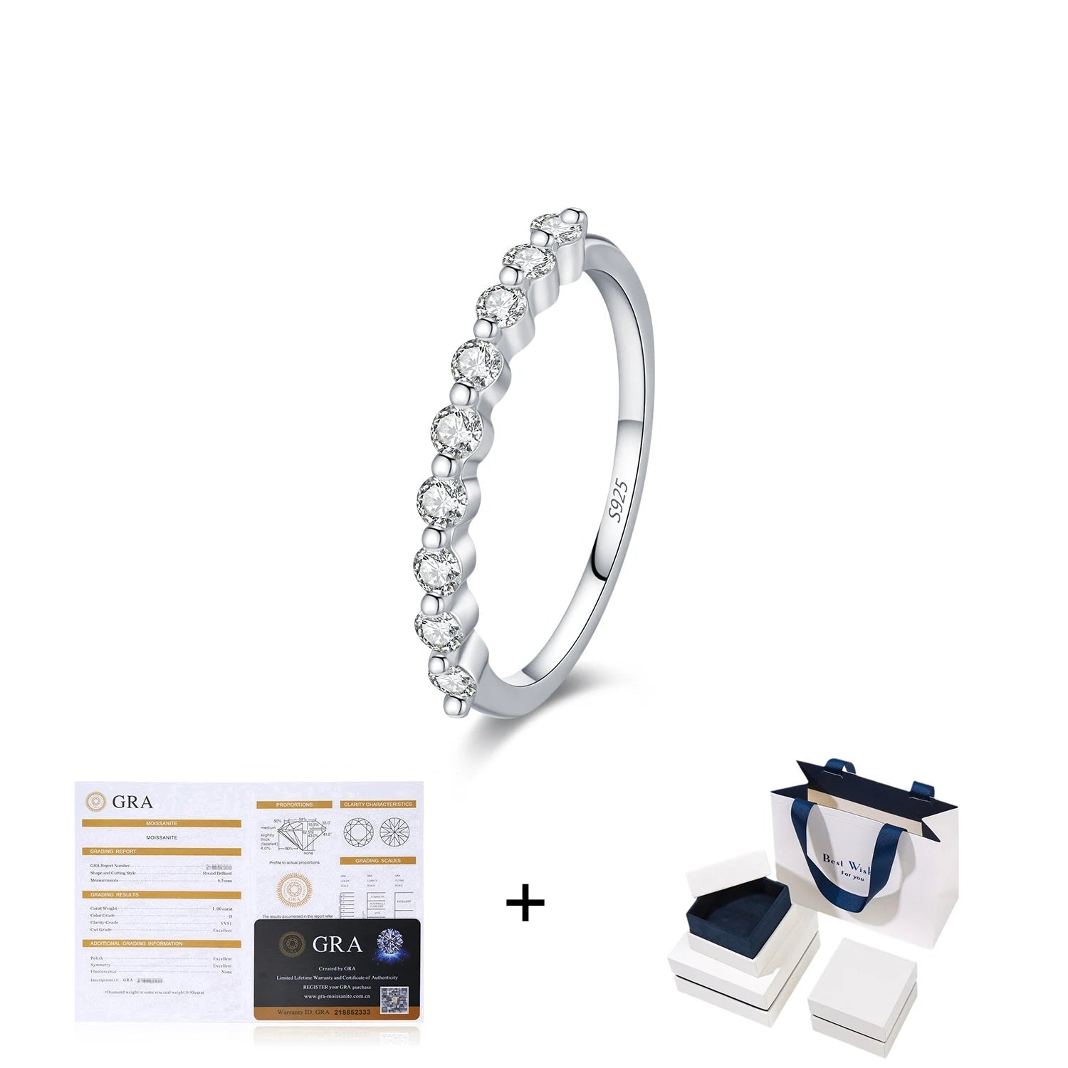 D Color Moissanite Round Silver Wedding Ring Mirror Quenn