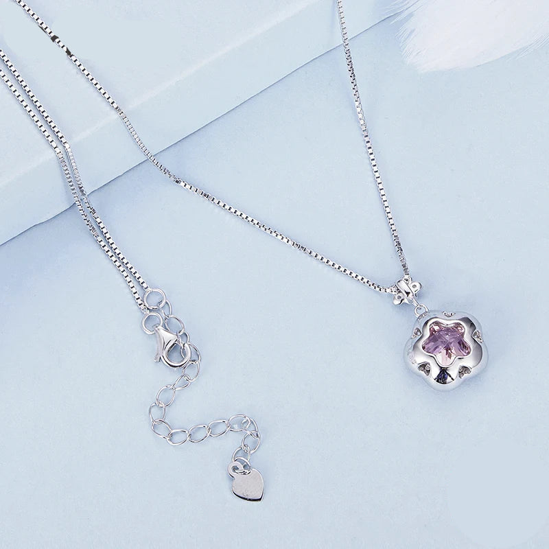 Bamoer 925 Sterling Silver Pink Flower Pendant Necklace Little Star Neck Chain Pave Setting CZ for Women Valentine's Day Gift Mirror Quenn
