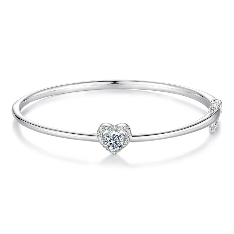 BAMOER 0.5CT Hollowed Heart Moissanite Bracelet Round Cut D Color Wrist Cuff Bangle 925 Sterling Silver for Women Wedding Gift Mirror Quenn
