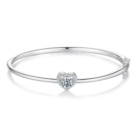 BAMOER 0.5CT Hollowed Heart Moissanite Bracelet Round Cut D Color Wrist Cuff Bangle 925 Sterling Silver for Women Wedding Gift Mirror Quenn
