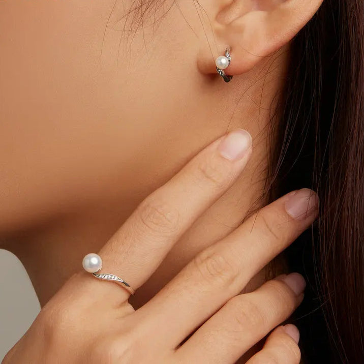 Bamoer 925 Sterling Silver Geometric Quality Shell Pearl Ring & Ear Buckle Jewelry Set Pave Setting CZ for Women Engagement Gift Mirror Quenn