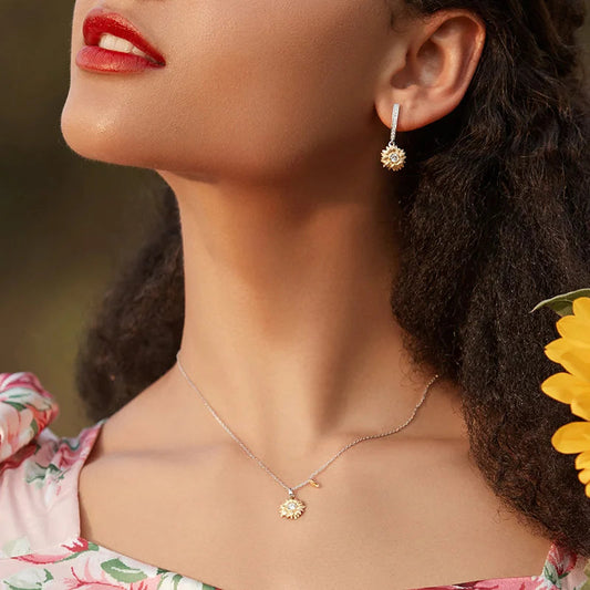 BAMOER Silver Sunflower Jewelry Set 925 Sterling Silver Gold Color Lucky Necklace Earring Gift for Women Fashion Jewelry  ZHS222 Mirror Quenn