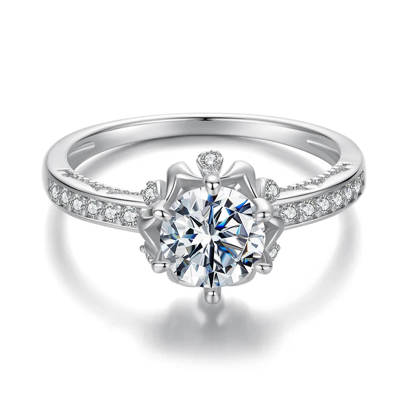 BAMOER D Color VVS1 EX Moissanite Flower Ring 1ct Round Moissanite Diamond Solitaire Engagement 925 Sterling Silver Rings For Wo Mirror Quenn